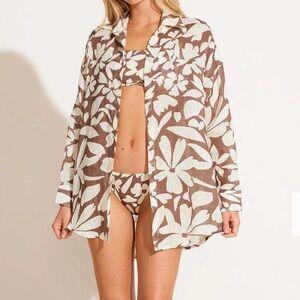 Vitamin A Brown and White Desert Floral Button-Up Beach Shirt